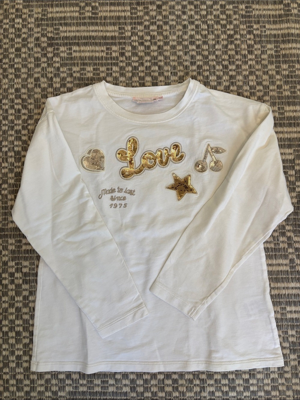 Girls Bonpoint White Long-Sleeve Tee with Gold Sequin 'Love' Appliqué